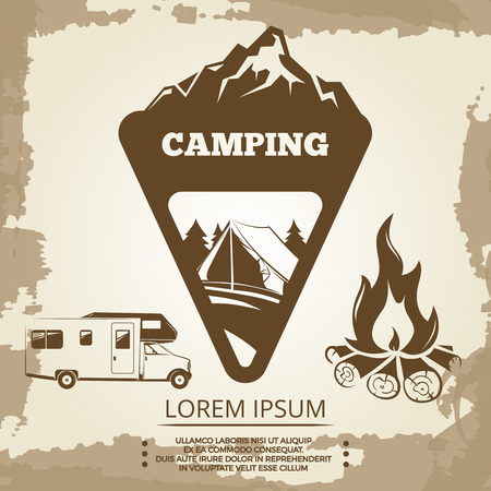 Camping label, bonfire and travel bus on vintage backdrop. Vector illustrationのイラスト素材