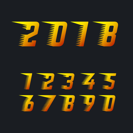 Sports racing numbers with rapid motion effect of speed lines set of vector symbols. Happy new year 2018 fiery symbol. Number for racing with rapid effect speed line illustrationのイラスト素材