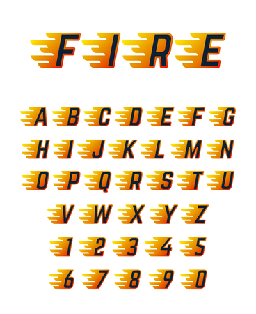 Burning running letters with flame. Hot fire vector font alphabet for racing car. Alphabet letter motion burn, speed flame abc illustrationのイラスト素材