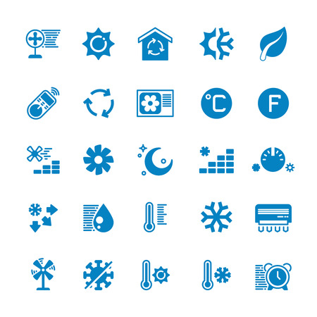 House and car air conditioning, heating and cooling vector icons. Cooling conditioner, thermometer and fan, temperature conditioning illustrationのイラスト素材