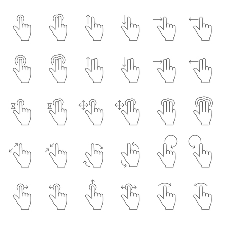 Touch hand gesture vector line icons. Touching finger gestures pictograms with swipe arrows. Finger slide and action, hold and touch on sensory screen illustrationのイラスト素材