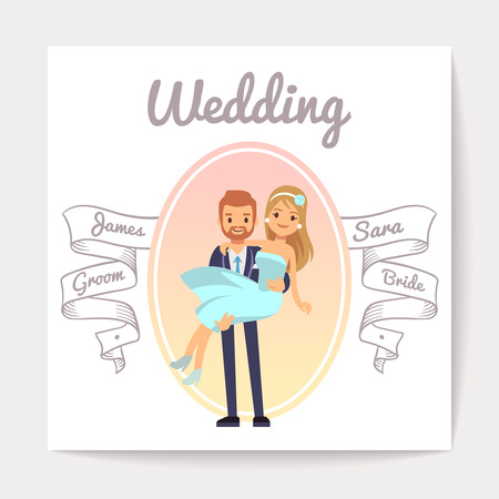 Vintage wedding invitation card vector template with happy couple. Invitation to wedding with photo couple bride and groom illustrationのイラスト素材