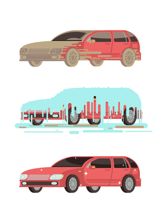 Dirty and clean shine car. Washing stages vector set. Car clean and dirty illustrationのイラスト素材