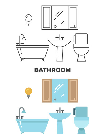 Bathroom concept - flat style and line style bathroom design. Bath and toilet, vector illustrationのイラスト素材