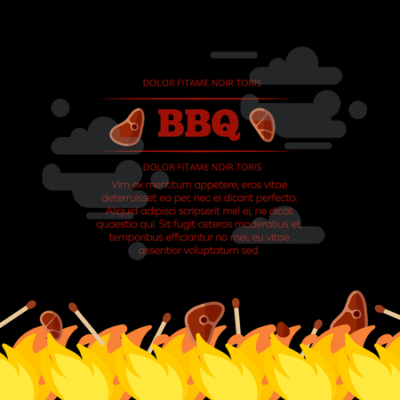 BBQ party poster design with fire and meat. Barbecue design banner. Vector illustrationのイラスト素材