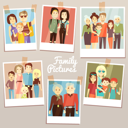 Happy family pictures with different generations vector set. Photo familys memories. Grandfather and grandmother, family photo illustrationのイラスト素材
