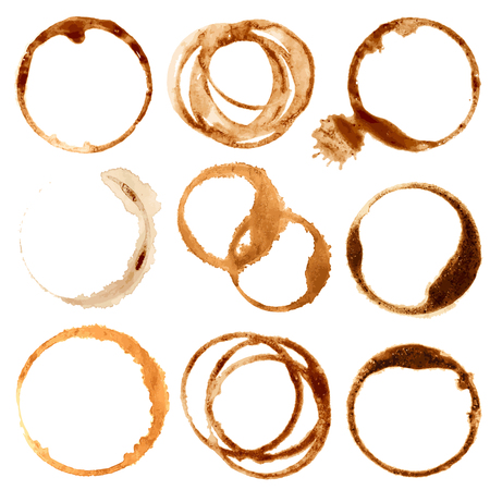 Coffe stains and splashes, dirty brown cup rings vector set. Splash ring form coffee mug, circle stain dirty mark illustrationのイラスト素材