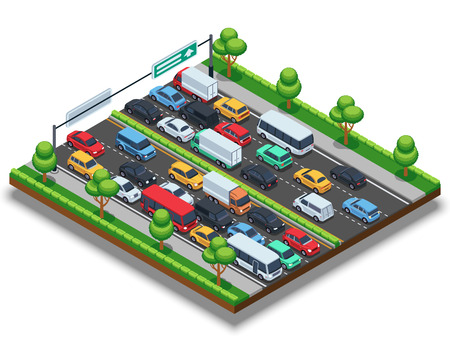 Isometric highway with traffic jam. 3d transportation vector concept with cars and trucks.のイラスト素材