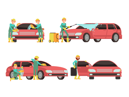 Washing car services vector concepts with cars and cleaners. Cleaner wash car with foam and soap illustrationのイラスト素材