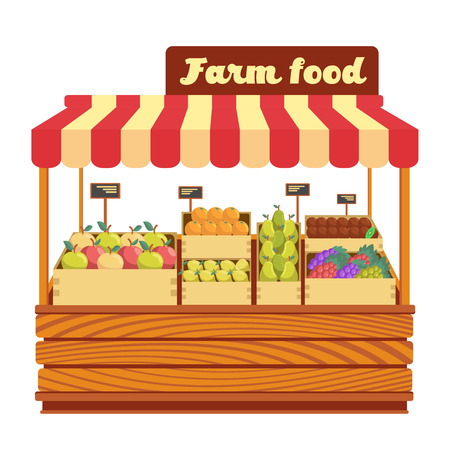 Market wood stand with farm food and vegetables in box vector illustration. Wood market stand with fresh organic fruitsのイラスト素材