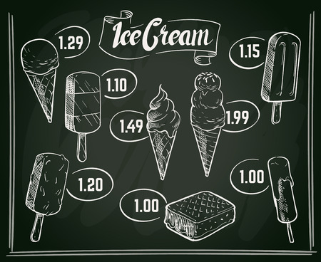 Hand drawn ice cream menu design on chalkboard. Menu with ice cream on chalkboard drawingのイラスト素材
