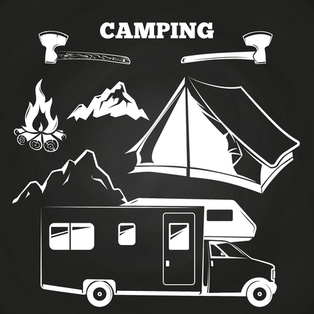 Camping or hiking vintage elements on chalkboard. Adventure badge illustration vectorのイラスト素材