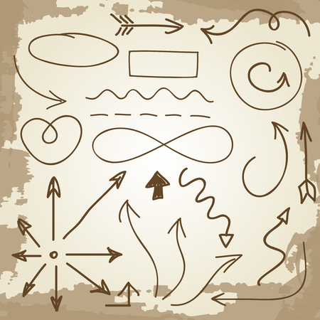 Doodle arrows and symbols on vintage grunge backdrop. Vector illustrationのイラスト素材