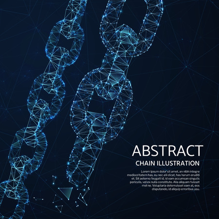 Chain links 3d network abstract concept with polygon shapes and light mesh points. Polygon pattern geometric abstract illustrationのイラスト素材