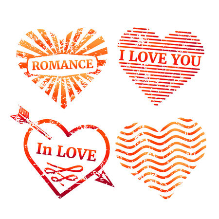 Colorful grunge hearts stamp collection. Set color shape romantic stamp. Vector illustrationのイラスト素材