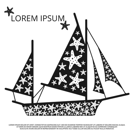 Black and white sailboat with sea stars. Sailboat and ship, vector illustrationのイラスト素材