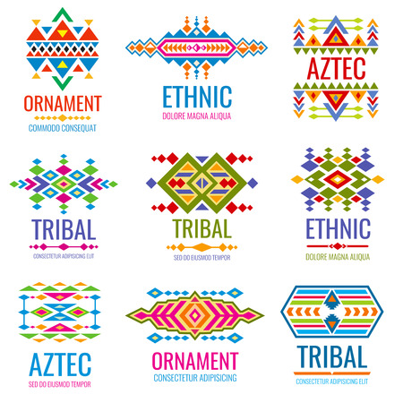 Vintage american indian vector logo set. Business brand identity in tribal mexican style. Vintage color pattern logo business illustrationのイラスト素材