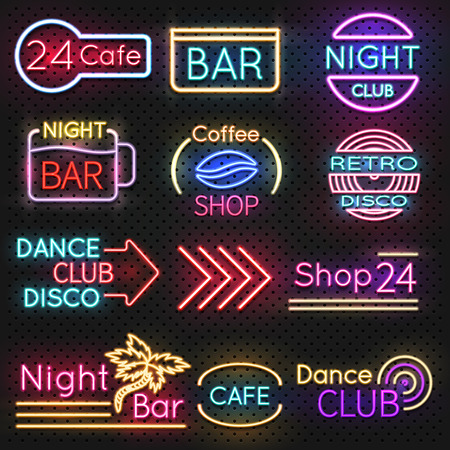 Vintage cafe and night club roadside neon signs vector set. Neon night light signboard roadside, club dance or coffee shop illustrationのイラスト素材