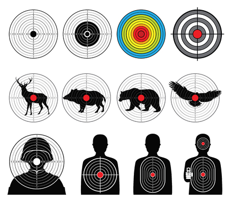 Targets for shooting with silhouette man and animals vector set. Target silhouette animal and man illustrationのイラスト素材