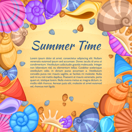 Summer travel vector card with cartoon sea shell border. Summer time banner with shell frame and beach sand illustrationのイラスト素材