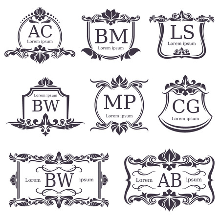Luxury logo monograms with decorative ornament elements and letters. Vector set of monogram ornament retro classic decor illustrationのイラスト素材