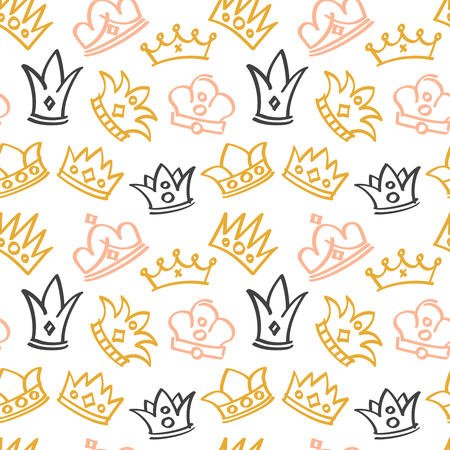 Newborn cute girl vector seamless pattern with doodle crowns. Background with crown doodle illustrationのイラスト素材