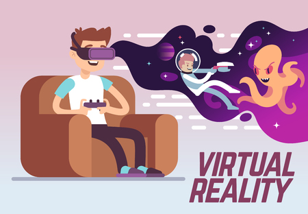 Boy with headset playing virtual 3d reality simulation game. Digital entertainment vector concept. Innovation play device, illustration of vr cyberspaceのイラスト素材