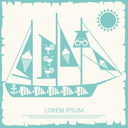 Travel sailboat concept on vintage backdrop. Adventure and journey, vector illustrationのイラスト素材