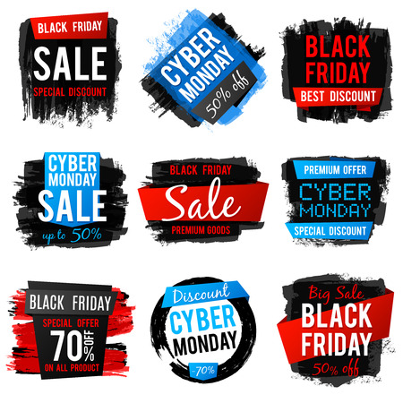 Black friday and cyber monday sale banner with big discount and best offers. Price tags with grunge brush texture and frames. Vector discount banner price collection illustrationのイラスト素材