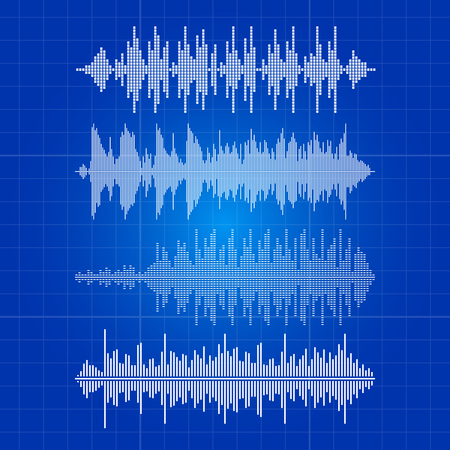White music waves collection - musical pulse on blue backdrop. Equalizer white sound wave digital, frequency, pulse melody waveform, vector illustrationのイラスト素材