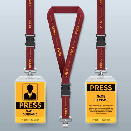 Business press pass id card lanyard badges realistic vector mock up isolated. Holder and lanyard, identity card for security to conference illustration