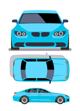 Vector flat-style cars in different views. Blue sedan car front , top and side view illustrationのイラスト素材