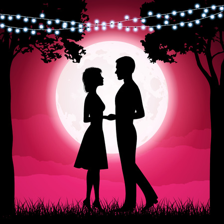 Silhouettes of young woman and man on the moon background. Girlfriend and boyfriend dating, couple love, silhouette. Vector illustrationのイラスト素材