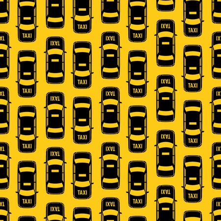 Black taxi traffic seamless pattern on yellow backdrop. Vector illustrationのイラスト素材