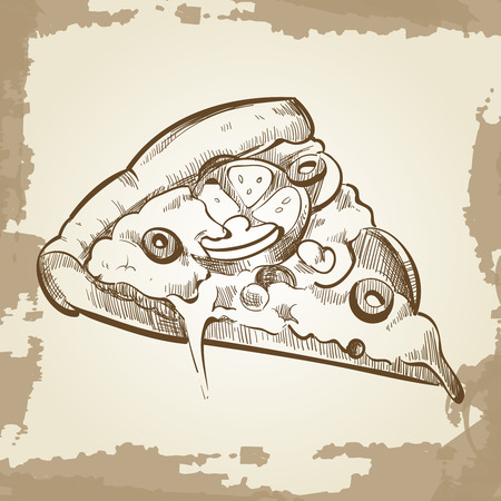 Hand sketched pizza on vintage grunge background - fast food poster. Vector illustrationのイラスト素材