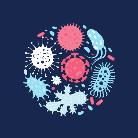 Vector illustration of doodle microbes. Drawing bacteria virus and bacteria infectionのイラスト素材