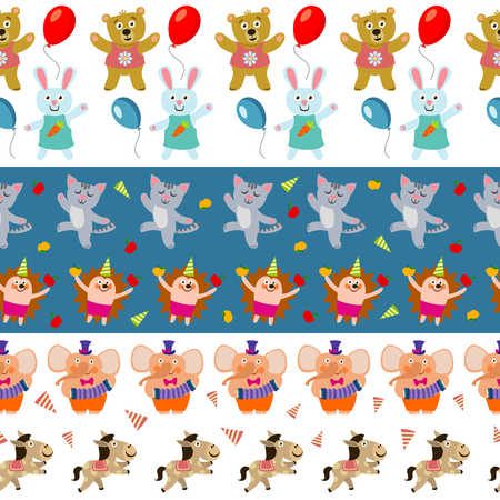 Cute birthday seamless borders with cartoon amimals. Background vector illustrationのイラスト素材