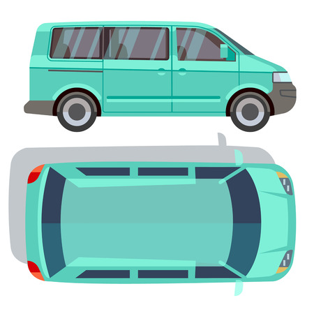 Vector flat-style cars in different views. Blue minivan car illustrationのイラスト素材