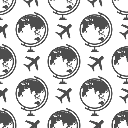 Globe and airplane seamless pattern - geographical or travel background. Vector illustrationのイラスト素材