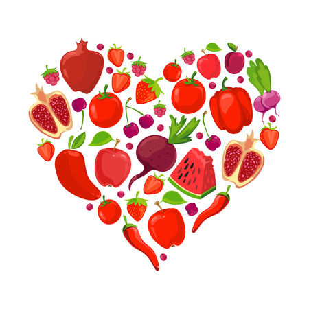 Heart shape of red fruits and vegetables. Healthy nutrition organic vector illustrationのイラスト素材