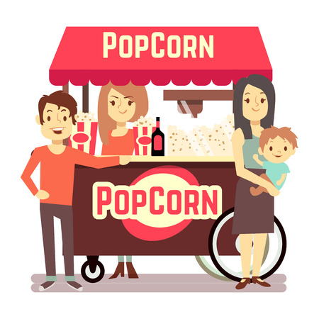 Family buys popcorn from a cute girl seller. Popcorn stand vector, food snack market illustrationのイラスト素材