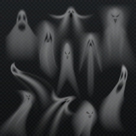 Spooky transparent halloween ghost isolated vector set. Horro evil demon soulsのイラスト素材