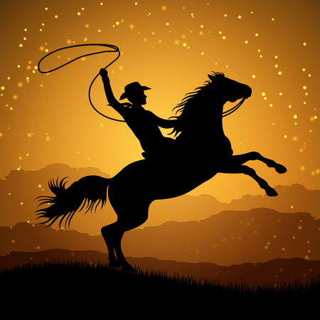 Silhouette of cowboy with lasso on rearing horse. Cowboy man with horse sunrise. Vector illustrationのイラスト素材