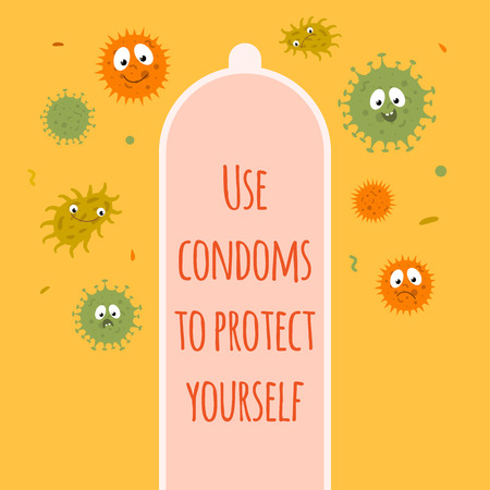 Concept illustration of condom and microbes. Protection contraception banner vectorのイラスト素材