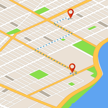 Isometric 3d map with location pins. Gps navigation vector background. Route on 3d map navigator, gps location on street illustrationのイラスト素材