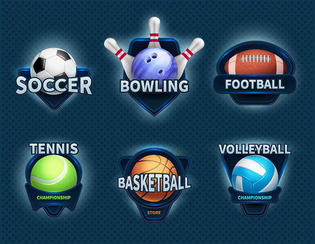 Sports balls vector labels and sport team emblems. Sport ball, championship college and tournament game illustrationのイラスト素材