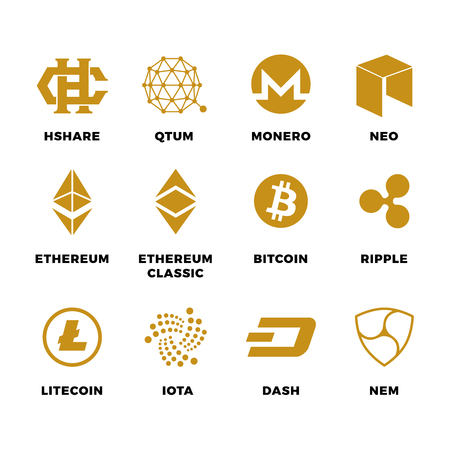 Popular cryptocurrency bitcoin blockchain vector symbols. Virtual money bitcoin and cryptocurrency, ethereum and litecoin illustrationのイラスト素材