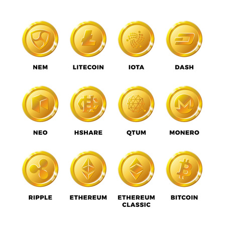 Cryptocurrency gold coins with bitcoin, litecoin ethereum symbols vector. Set of golden coin bitcoin and ethereum, litecoin and blockchain illustrationのイラスト素材
