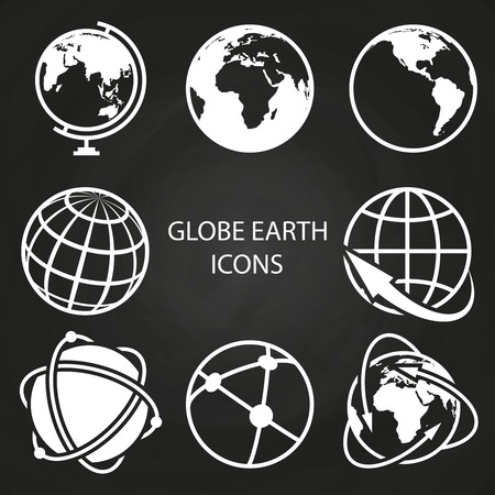 Globe earth icons collection on blackboard. Abstract global sphere, vector illustrationのイラスト素材