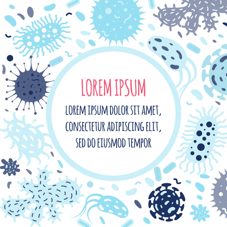 Poster of doodle microbes with round shape for text. Vector illustrationのイラスト素材